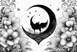 Crescent moon with a heart inside, shrouded by beautiful flowers with wisps of mist tattoo idea