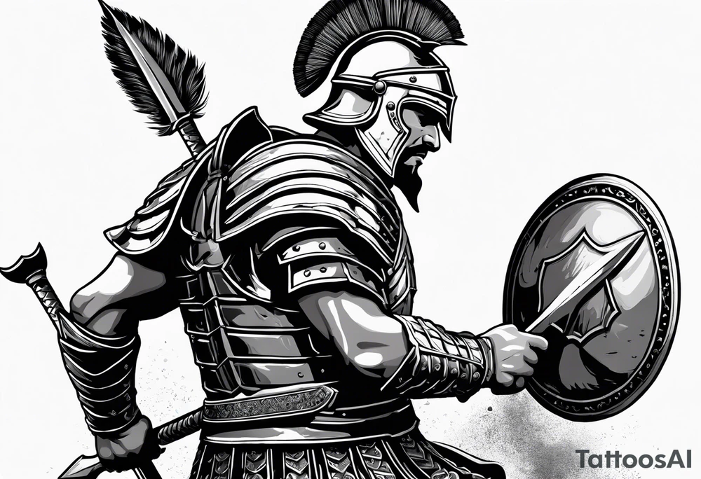 high quality black and white illustration, full body image, a strong tall roman centurion, wearing armour, wearing a belt, wearing a metal breastplate, holding a large shield, wearing a helmet, holding a sword. Flaming arrows are being fired at the centurion, he is blocking the arrows with his shield tattoo idea