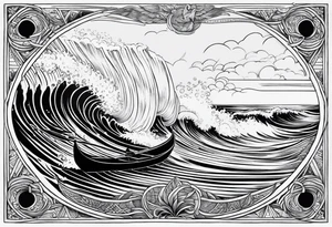 forearm tattoo with 2 big ocean waves with a small canoe, with the date january 6th 1989 in greek tattoo idea