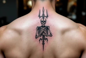 gambling skeleton behind trident tattoo idea