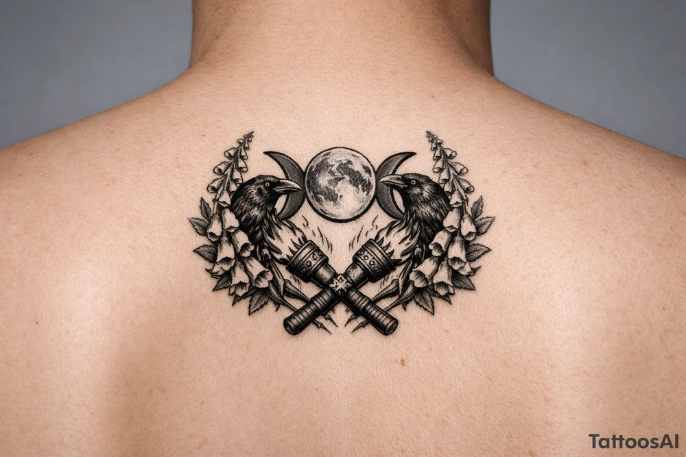 A stylized triple moon with ravens and crossing torches, framed by foxglove for chest tattoo idea