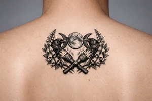 A stylized triple moon with ravens and crossing torches, framed by foxglove for chest tattoo idea