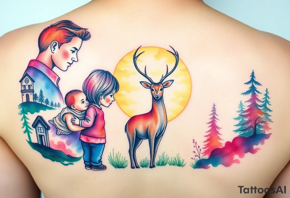 Family 2 parents, 1 baby boy, one young girls with colour around the caracters and empty caracters and sunrise looking at a deer tattoo idea