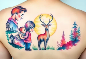 Family 2 parents, 1 baby boy, one young girls with colour around the caracters and empty caracters and sunrise looking at a deer tattoo idea