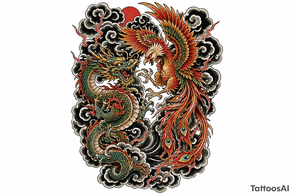 Japanese dragon and phoenix battling amidst dark storm clouds. tattoo idea