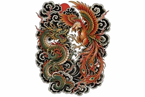 Japanese dragon and phoenix battling amidst dark storm clouds. tattoo idea