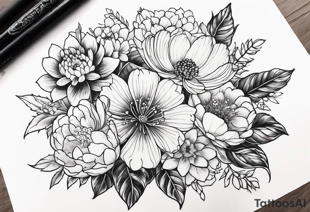 August, April & December Birth Flower Bouquet tattoo idea