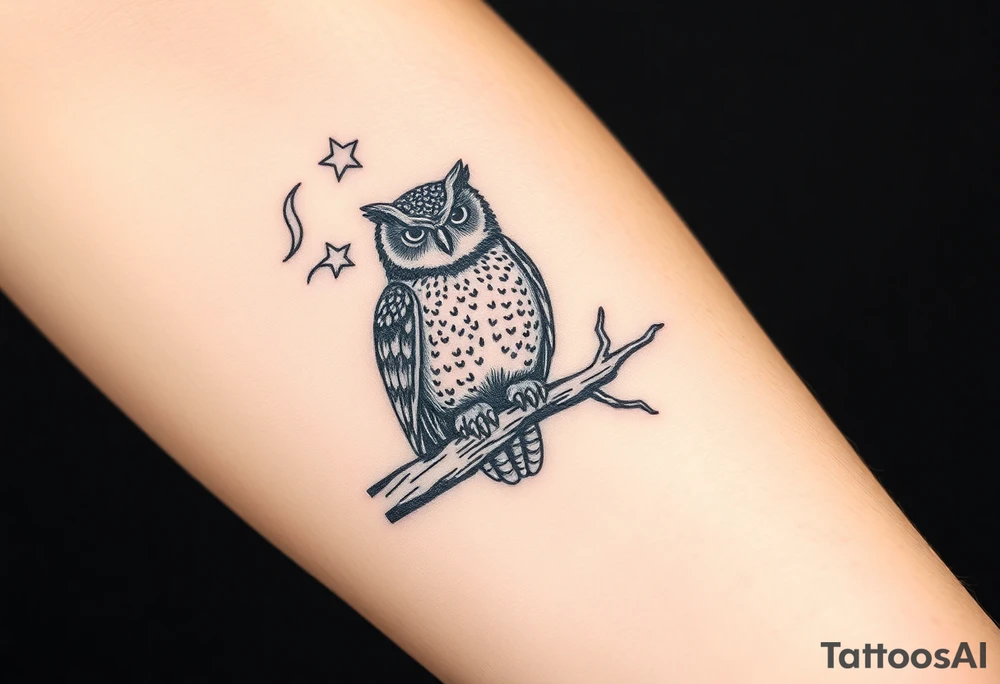 wise owl perched on ancient oak branch under starlit sky tattoo idea
