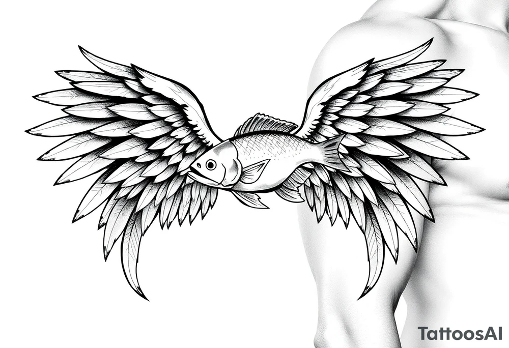 angel wings with fish inside tattoo idea