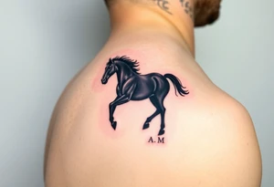 horse silhouette 
from the front which gallops from the front, with the 3 small letters discreetly integrated: L, A, M tattoo idea