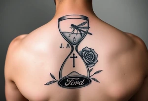 Hourglass with the letters J, A, C in the sand, dragonfly, cross, black rose, and Ford emblem as one tattoo tattoo idea
