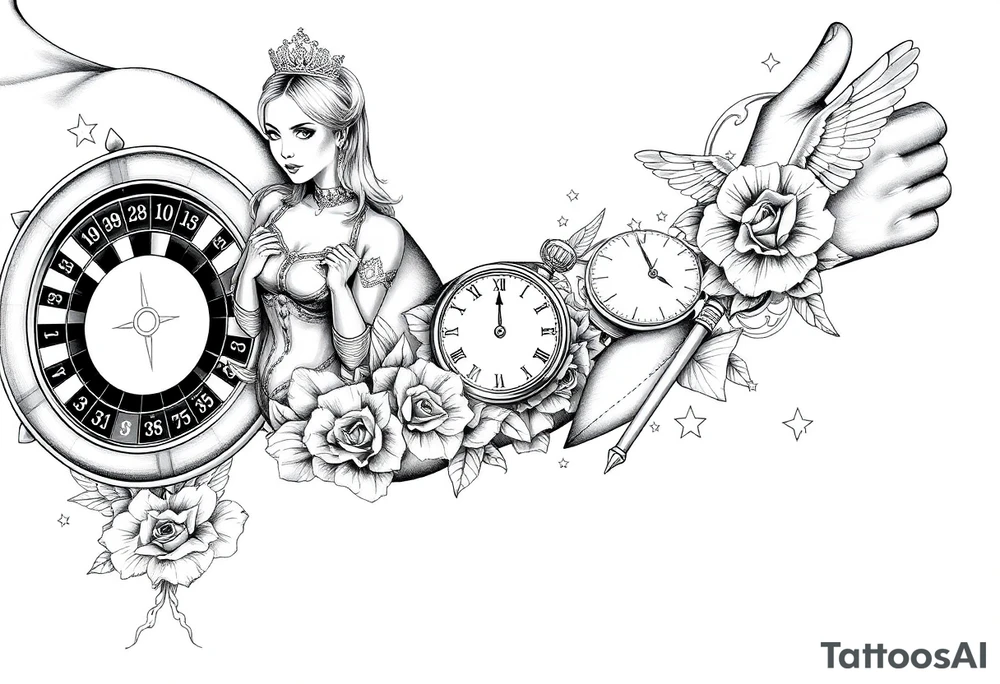Roulette casino and princess and jesus on cross, baby angels, roses and clock and stars and fish tattoo idea