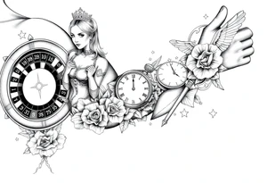 Roulette casino and princess and jesus on cross, baby angels, roses and clock and stars and fish tattoo idea