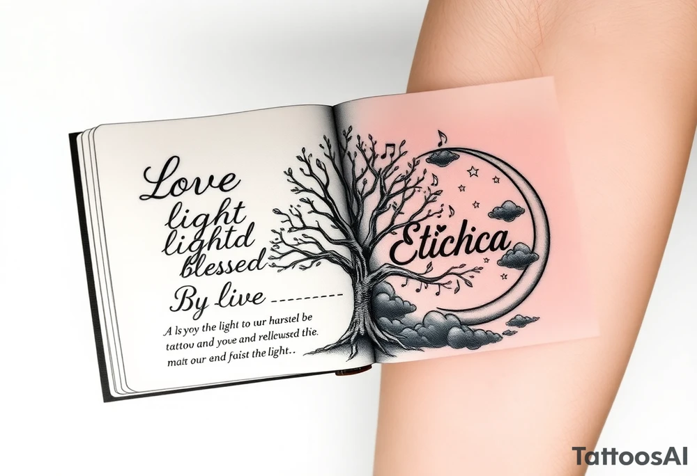 I want an open book and scripted on the left side of the pages and love and light blessed be on the right side of the pages the name tichica with the tree of life growing through the pages music notes dancing around it a crescent moon on the right side with a starry night background and dark clouds tattoo idea