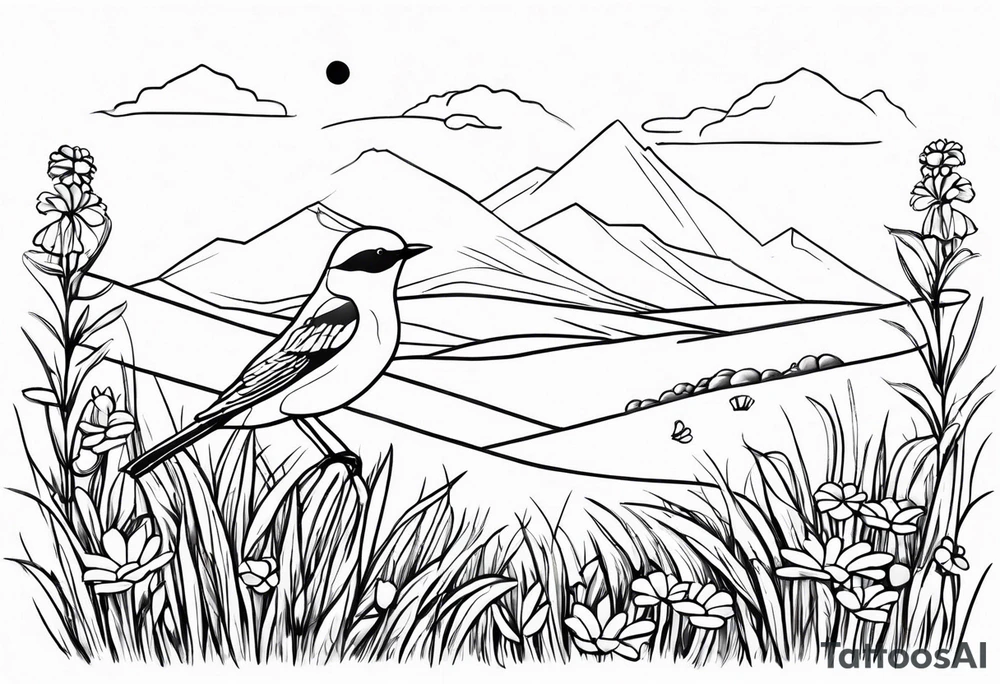 Small blue bird in field of grass and daisys Mountain View in distance tattoo idea