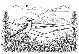 Small blue bird in field of grass and daisys Mountain View in distance tattoo idea