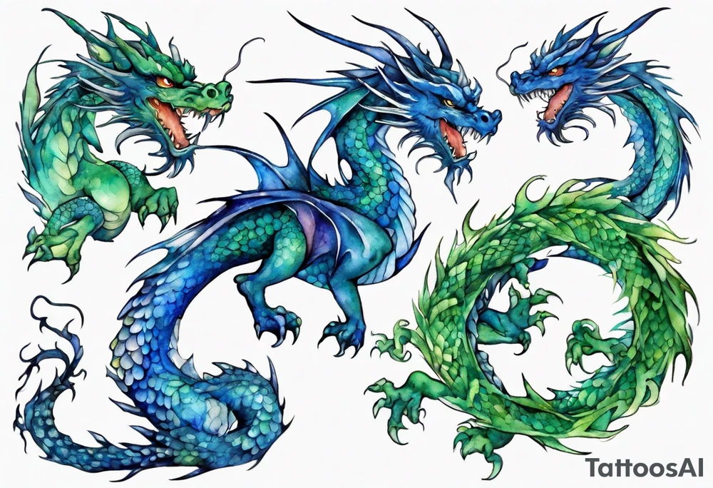 blue dragon tangled with a green dragon tattoo idea