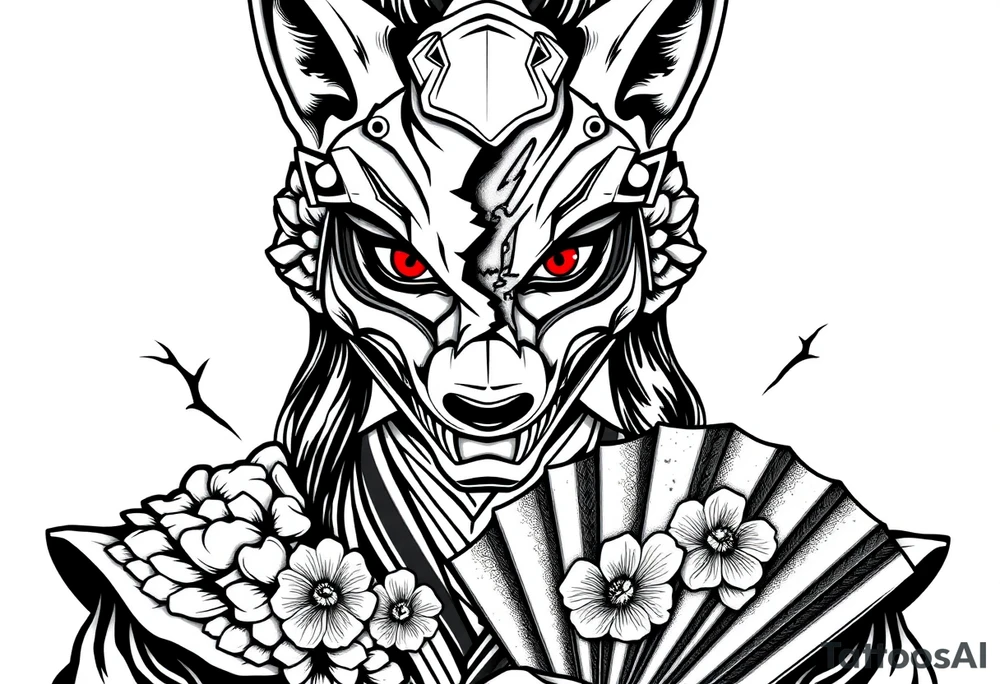 Woman samurai with red eyes wearing an half and broken fox mask, wearing a japanese fan with irises. tattoo idea