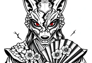 Woman samurai with red eyes wearing an half and broken fox mask, wearing a japanese fan with irises. tattoo idea