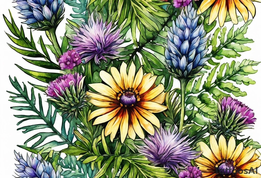 small vertical mixed wildflower bouquet with ferns, thistle and with watercolor tattoo idea