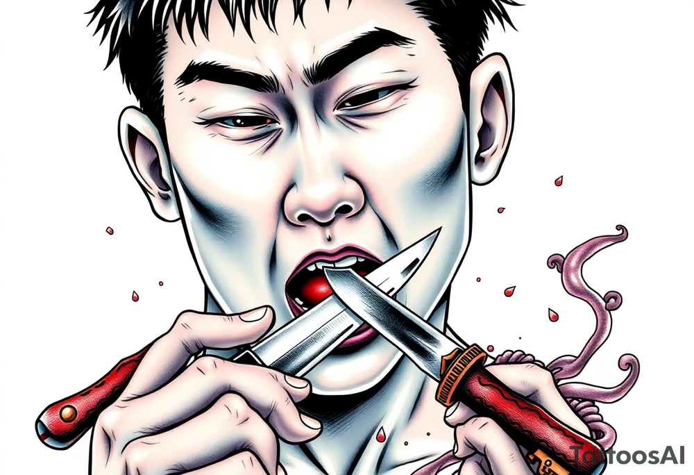 Handsome Asian young guy is licking a ritual knife tattoo idea