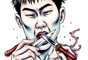 Handsome Asian young guy is licking a ritual knife tattoo idea