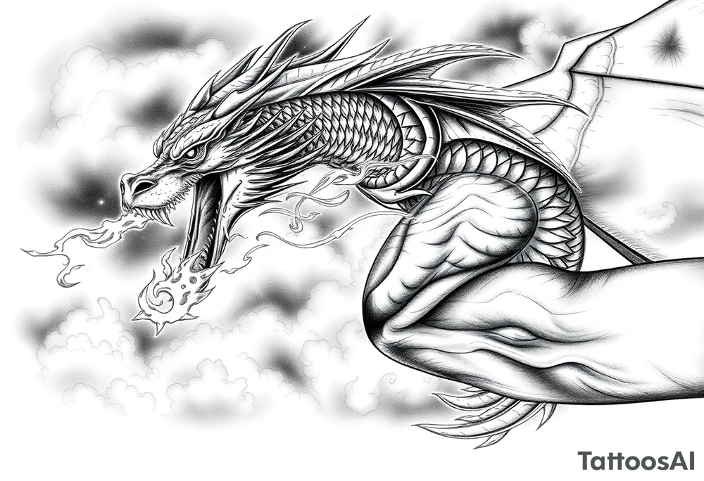 fierce dragon breathing iridescent fire against stormy skies tattoo idea