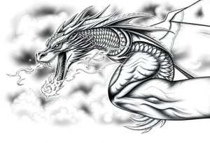 fierce dragon breathing iridescent fire against stormy skies tattoo idea