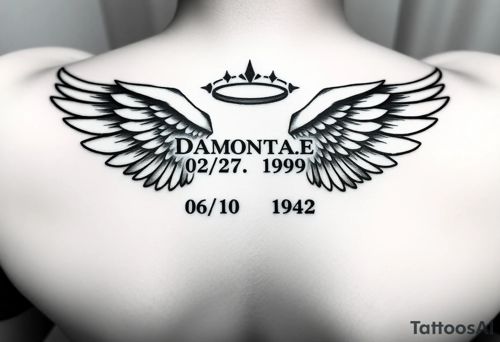 “Damontae 02/27/1992 and under that Willie Mae 06/10/1942” inside a pair of wings with a halo on top of the names and wings on my forearm tattoo idea