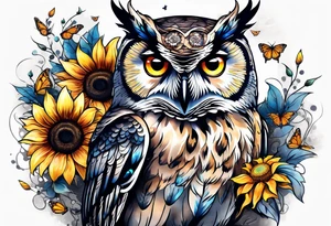 Owl with angel wings surrounded by sunflowers and butterflies sleeve tattoo idea