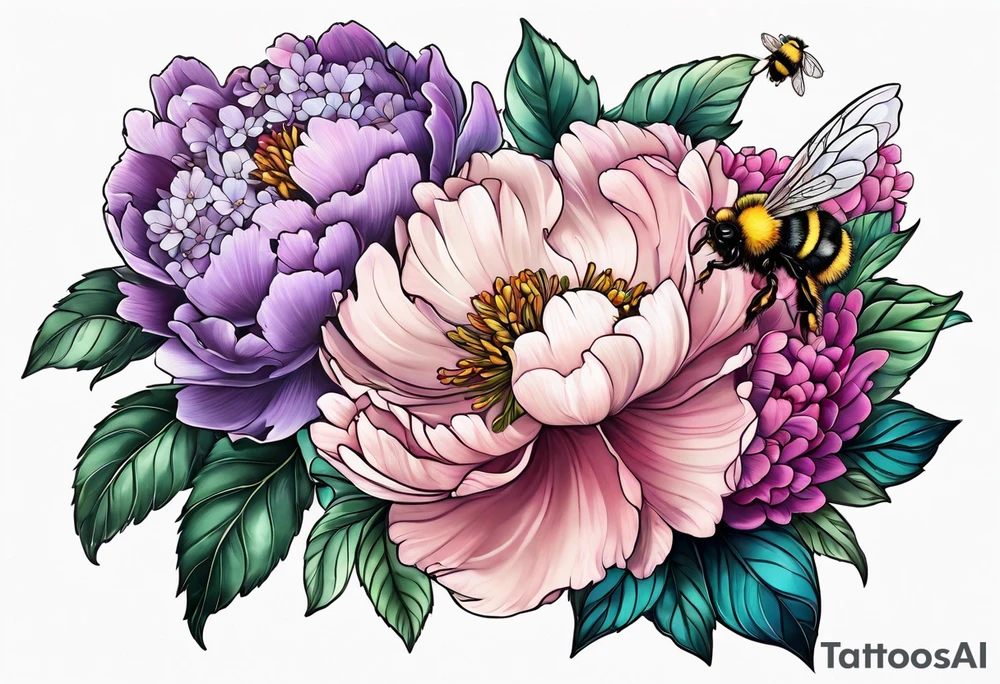 Vibrant peony with hydrangea and leaves and a bumblebee lilac flowers tattoo idea