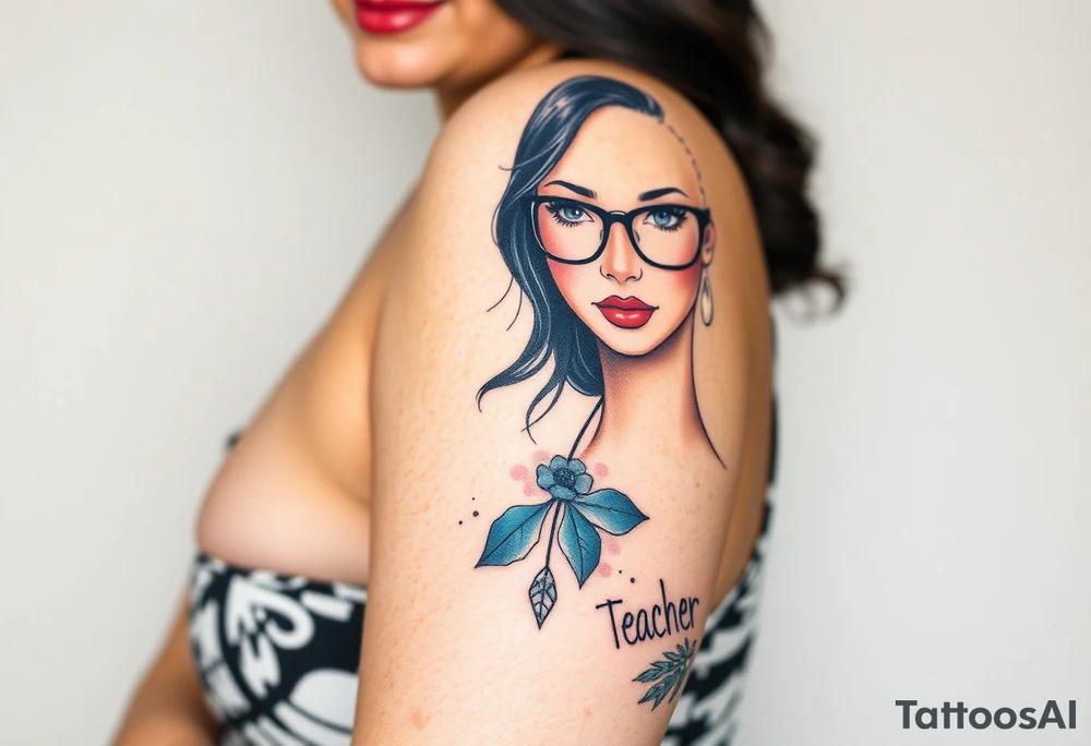 Plus size Pinup style teacher with dark hair and  glasses tattoo idea