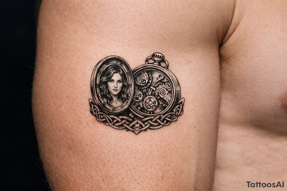 Pocket watch opened, Margo's portrait inside, brass cogs, flowing Celtic knotwork border. tattoo idea