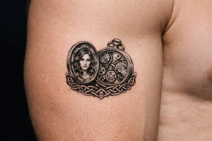 Pocket watch opened, Margo's portrait inside, brass cogs, flowing Celtic knotwork border. tattoo idea
