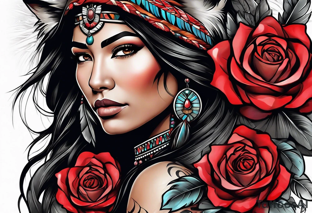 Native American woman wrapped in roses with a wolf pelt tattoo idea