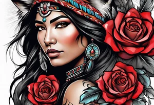 Native American woman wrapped in roses with a wolf pelt tattoo idea