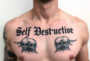 The words “Self Destructive” in a Chicano/Old English Font across the chest with negative shading and greywash skulls tattoo idea