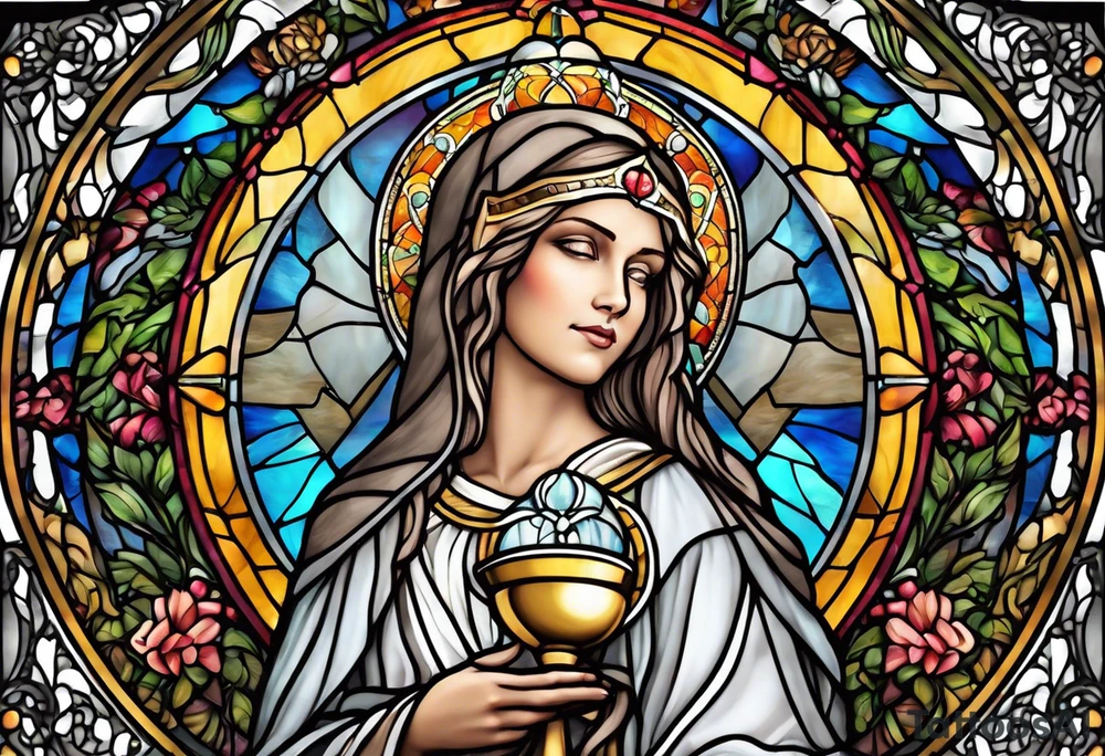 holy saint woman with halo stained glass holding a chalice tattoo idea