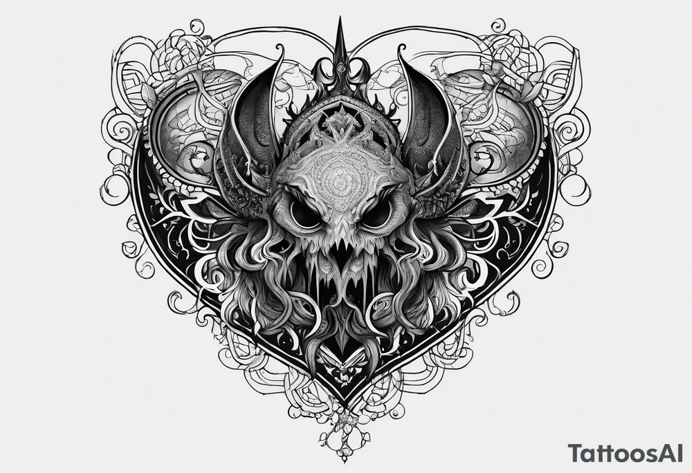Long tattoo for arm. Lovecraftian creature, protecting a heart. Ctulhu. tattoo idea