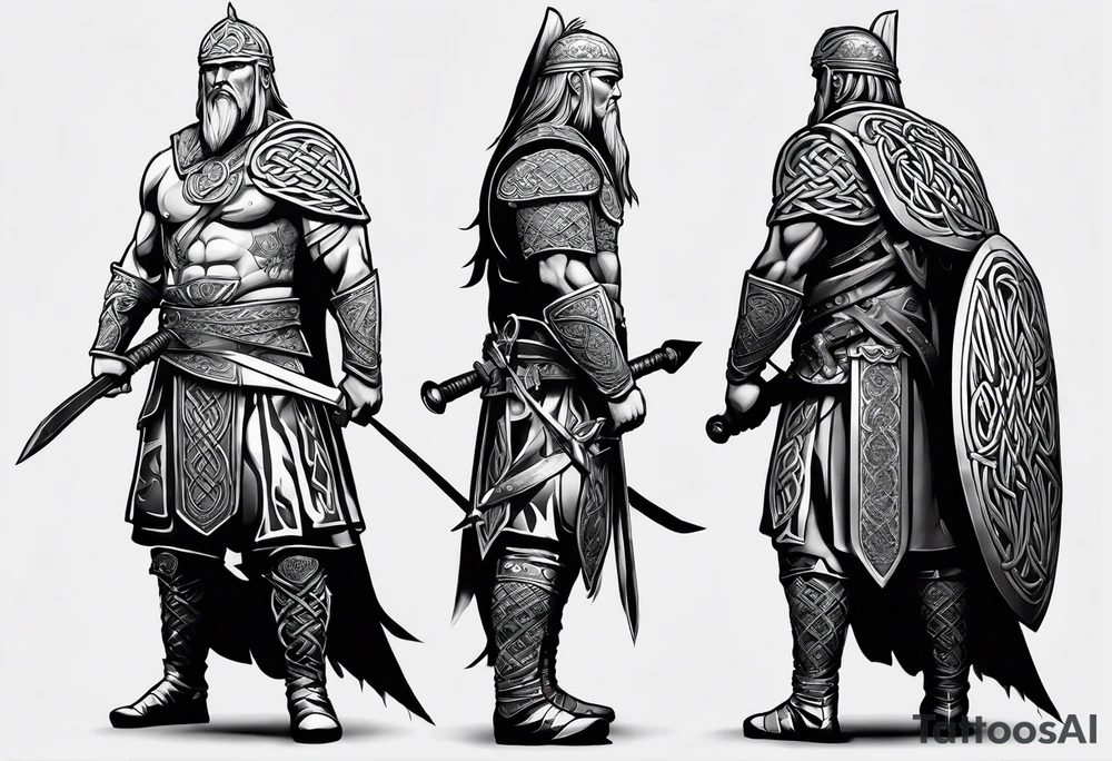 Full body side profile shot of a Celtic warrior with weapons, facing from left to right tattoo idea