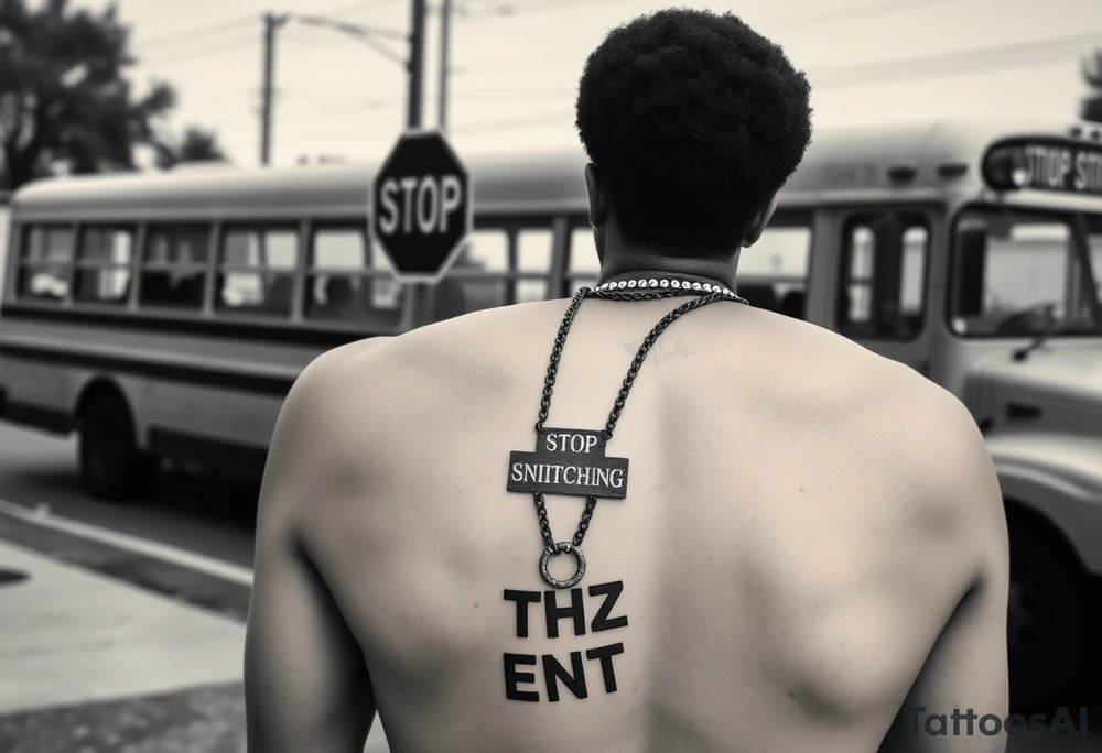 an african american with an afro making a T with his hands standing in front of a short bus stopped at a stop sign that says STOP SNITCHING on it with a chain around his neck that has a pendent that says THIZZ and below that ENT tattoo idea