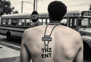 an african american with an afro making a T with his hands standing in front of a short bus stopped at a stop sign that says STOP SNITCHING on it with a chain around his neck that has a pendent that says THIZZ and below that ENT tattoo idea