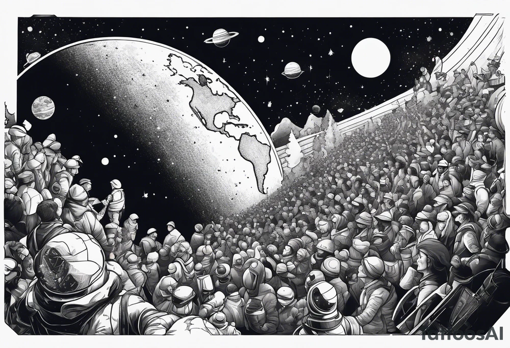 Crowd popping out from earth in space tattoo idea