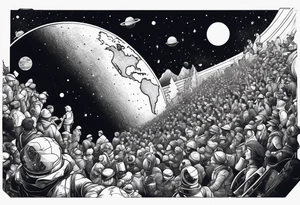 Crowd popping out from earth in space tattoo idea