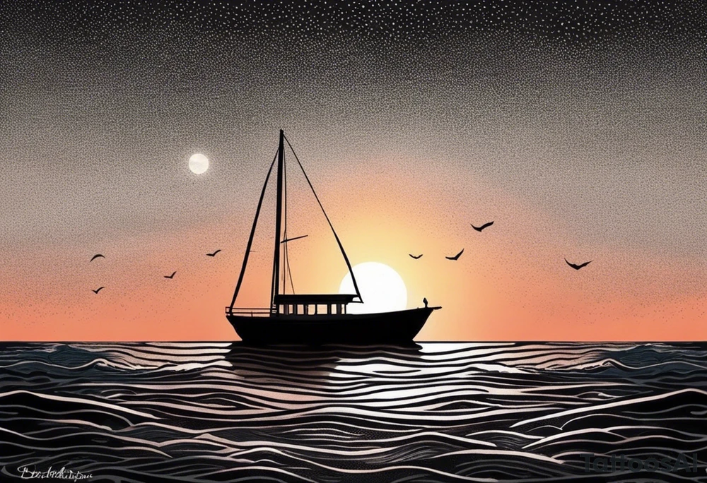 This tattoo needs to be incredibly simple and minimal. It's a sunset from the perspective of being on a boat on the ocean. The waves are very calm and there is no land in site. There are slight reflections of the sun on the water. The tattoo will be in landscape orientation. Mostly black with small splashes of color from the sun. There are no other objects in the tattoo besides the sun, water, and maybe some clouds and a bird or two, tattoo idea