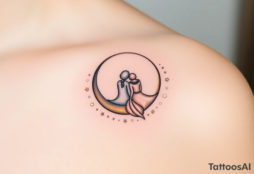 A crescent moon with a couple sitting together, wrapped in a starry sky. The moon is softly glowing with shades of silver and pale gold, with intricate dotwork creating a shimmering effect. Surrounding the moon, tiny stars twinkle in varying shades of soft blue, white, and silver, adding depth and magic to the design. The couple is outlined in minimalistic line work, with gentle shading to create a serene and intimate atmosphere. tattoo idea