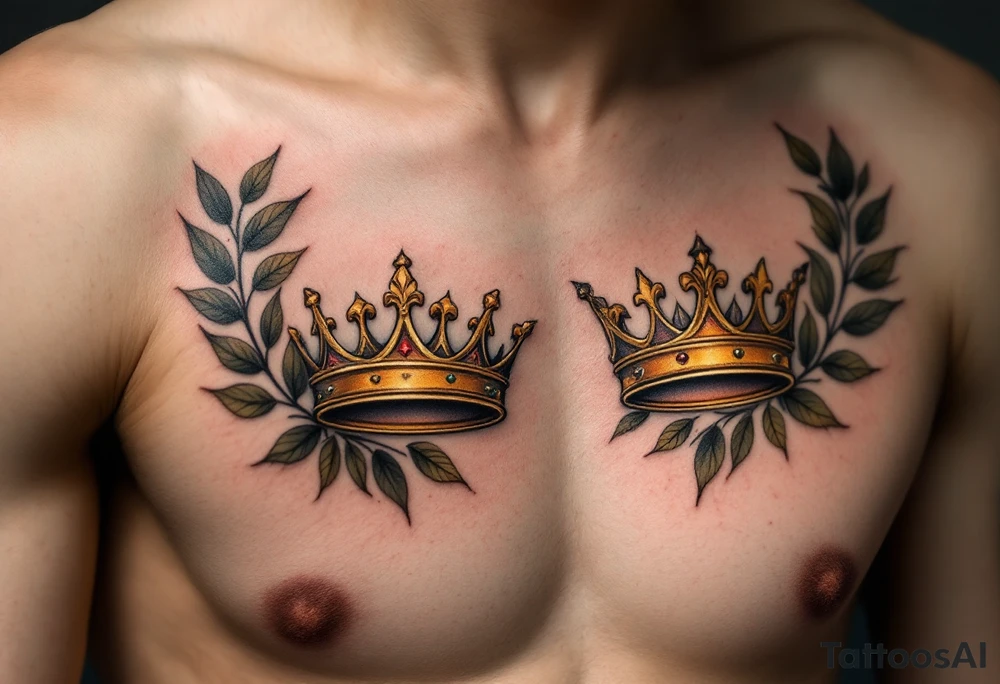 Realistic king and queen crown tattoos with metallic gold tones, surrounded by laurel leaves in muted olive green. tattoo idea