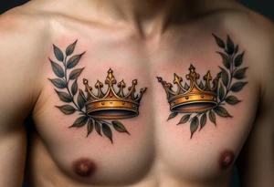 Realistic king and queen crown tattoos with metallic gold tones, surrounded by laurel leaves in muted olive green. tattoo idea