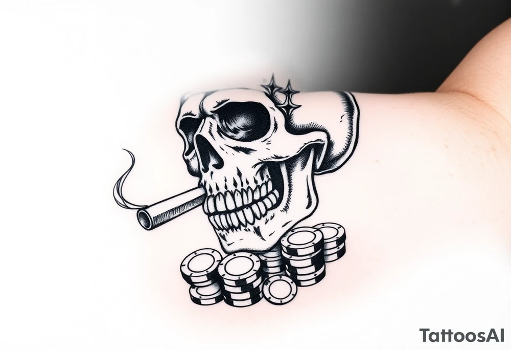 skull with smoking cigar in mouth,playing cards,pokerchips,a lot of money. tattoo idea