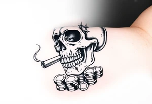 skull with smoking cigar in mouth,playing cards,pokerchips,a lot of money. tattoo idea